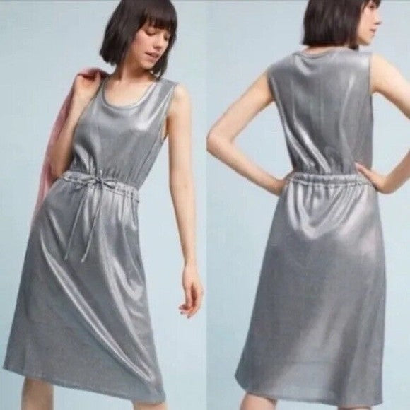 Dolan Anthropologie Silver Metallic Ribbed Drawstring Waist Midi Dress Size S