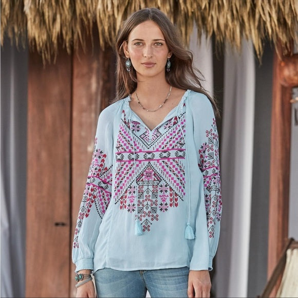 Sundance Catalog Light Blue Geometric Embroidered Tassel Peasant Top Blouse Sz M