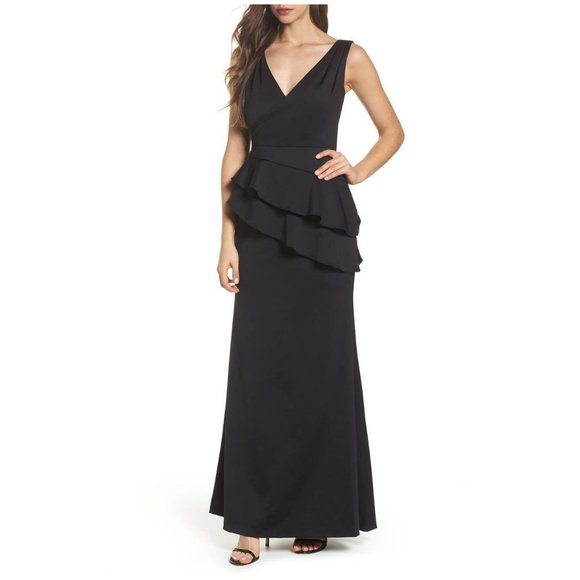 Adrianna Papell Black Scuba Ruffle Layered Peplum Evening Gown Formal Queen City Resale Adrianna Papell Black Scuba Ruffle Layered Peplum Evening Gown Formal Queen City Resale