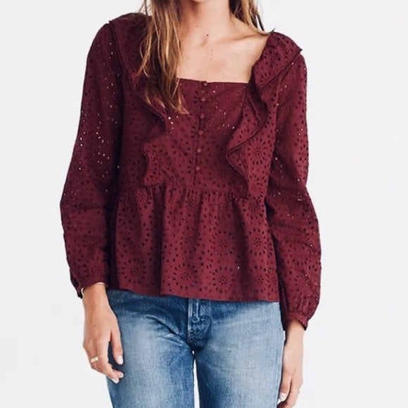 Madewell Wine Red Eyelet Lace Ruffle Pompom Trim Top Blouse Size XS V Neck