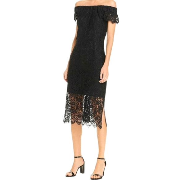 Nanette Lepore Black Off the Shoulder Lace Midi Dress Size 2 Cocktail Party