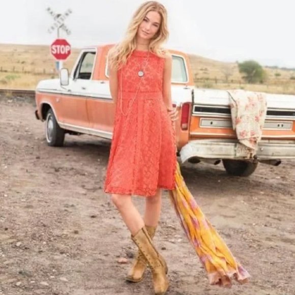 Sundance Catalog Emma Orange Embroidered Mesh Lace Dress Size 6 Flare A Line