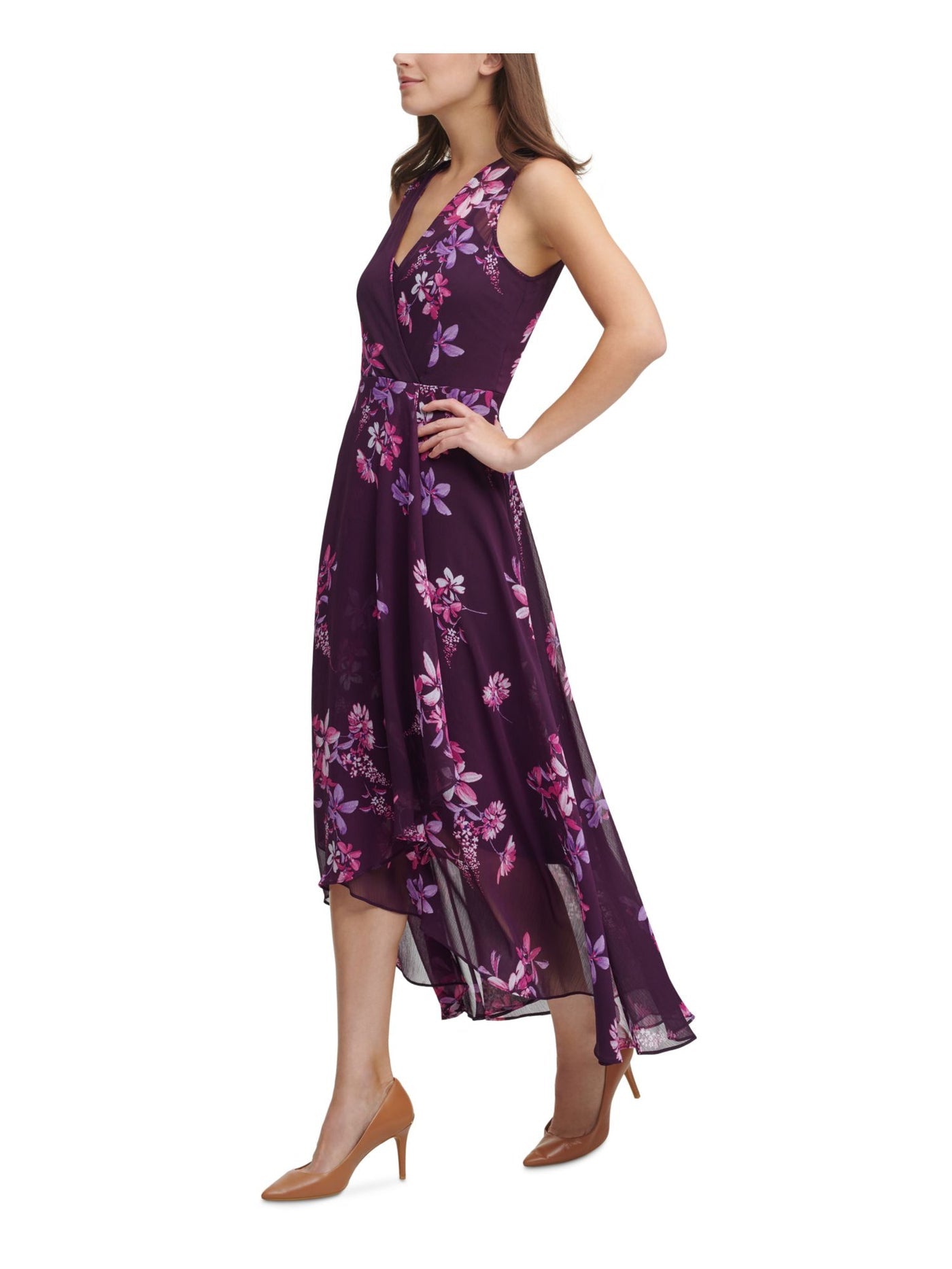 Calvin Klein Purple Floral Print V Neck Hi Lo Chiffon Maxi Dress Size 10 Womens