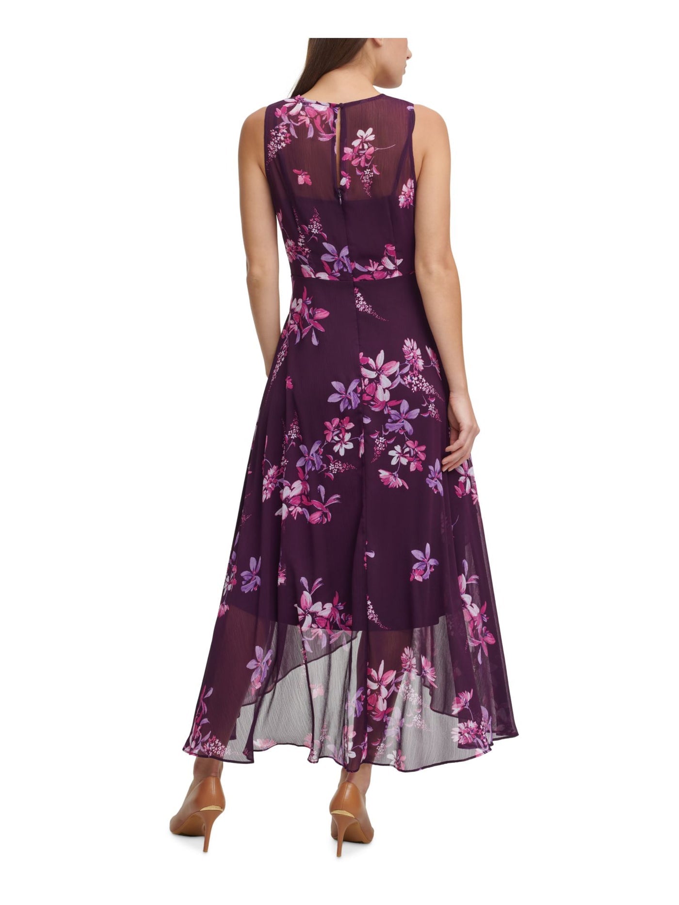 Calvin Klein Purple Floral Print V Neck Hi Lo Chiffon Maxi Dress Size 10 Womens
