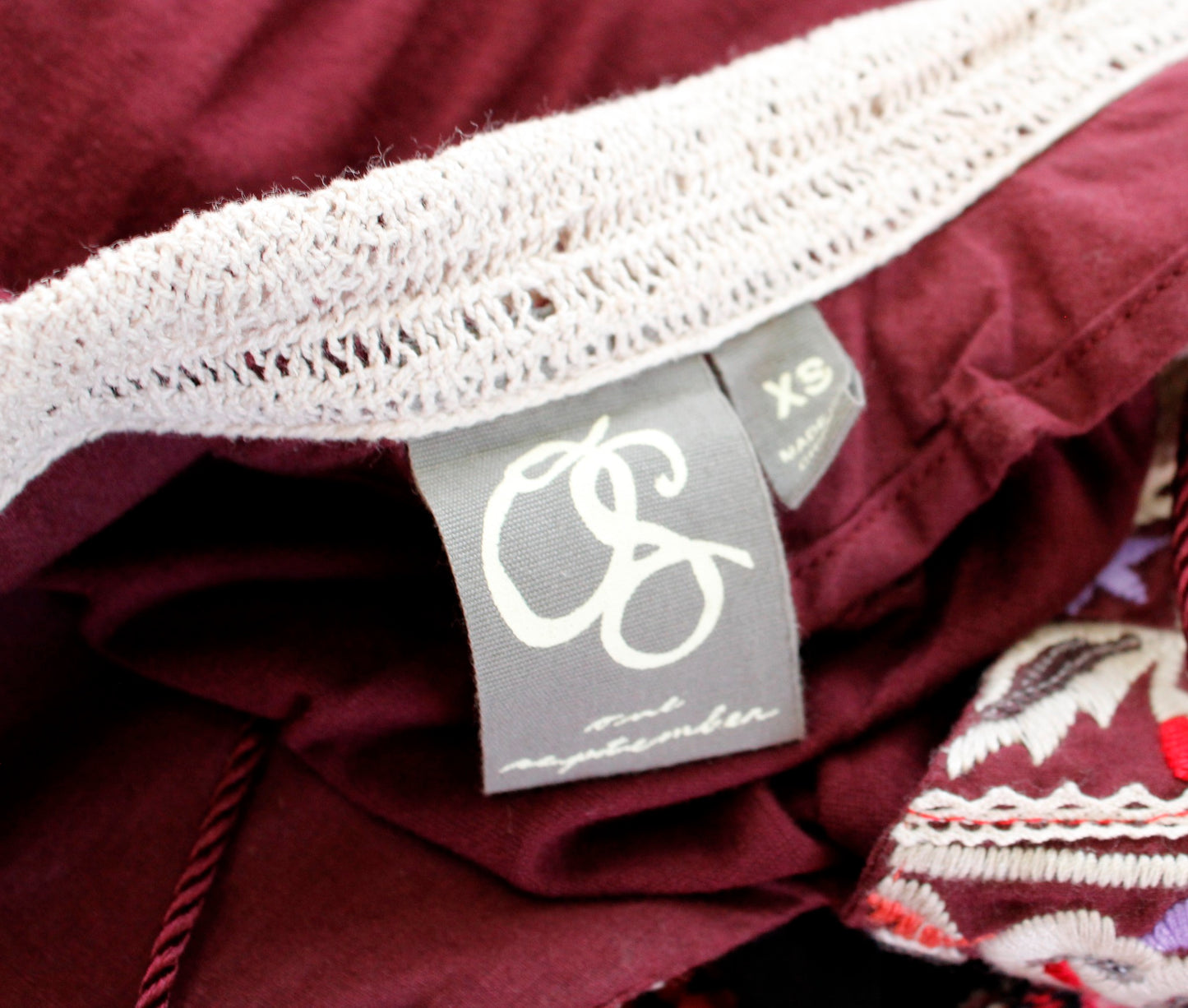 One September Anthropologie Nightingale Burgundy Embroidered Blouse Top Size XS Long Sleeve