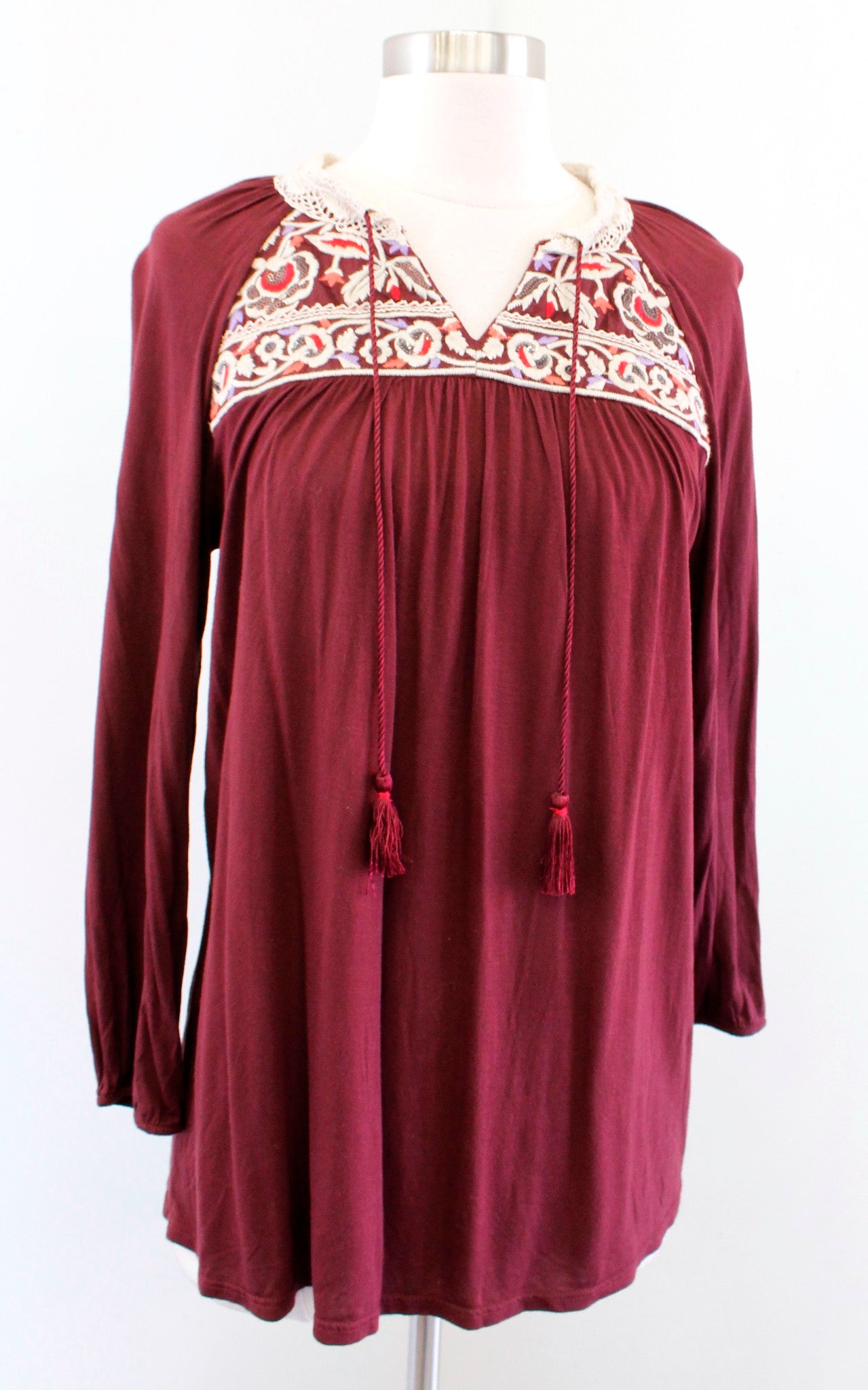 One September Anthropologie Nightingale Burgundy Embroidered Blouse Top Size XS Long Sleeve