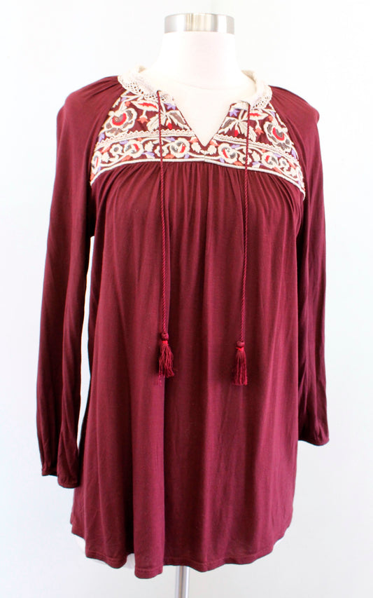 One September Anthropologie Nightingale Burgundy Embroidered Blouse Top Size XS Long Sleeve