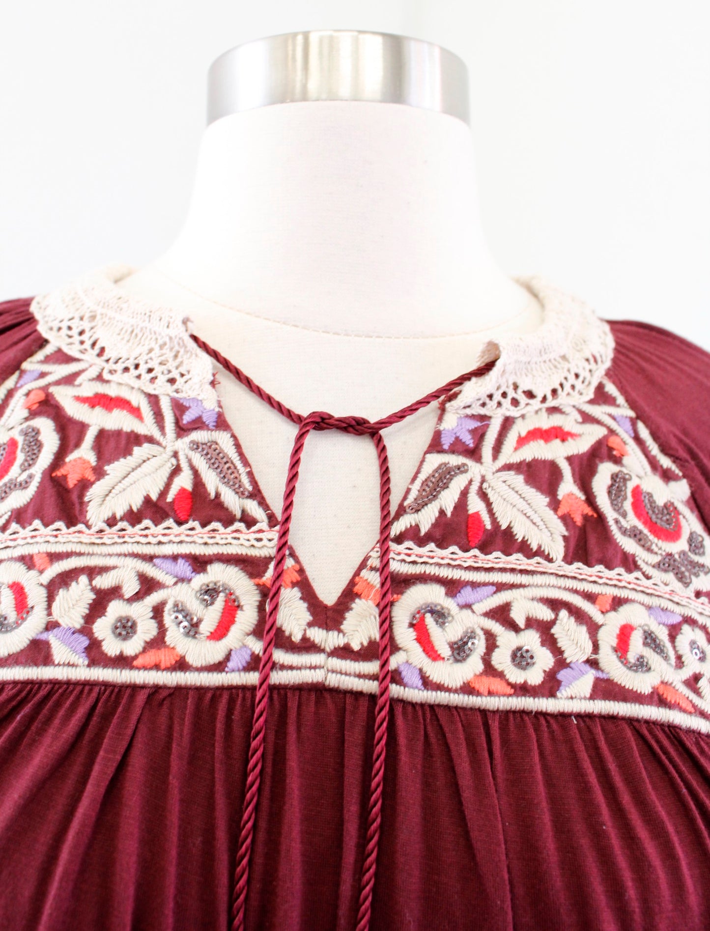 One September Anthropologie Nightingale Burgundy Embroidered Blouse Top Size XS Long Sleeve
