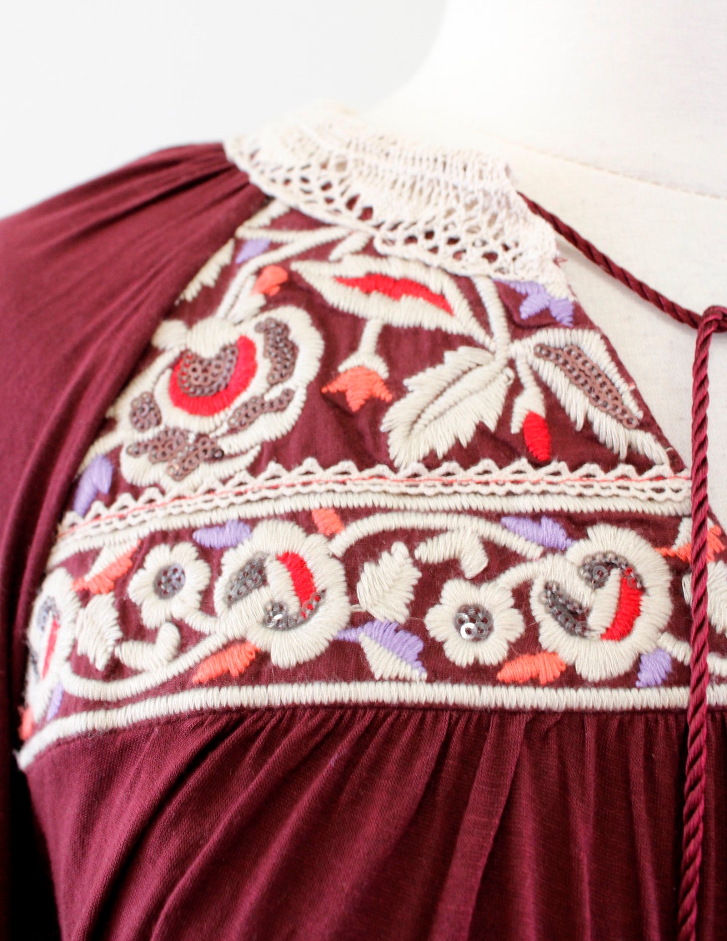 One September Anthropologie Nightingale Burgundy Embroidered Blouse Top Size XS Long Sleeve
