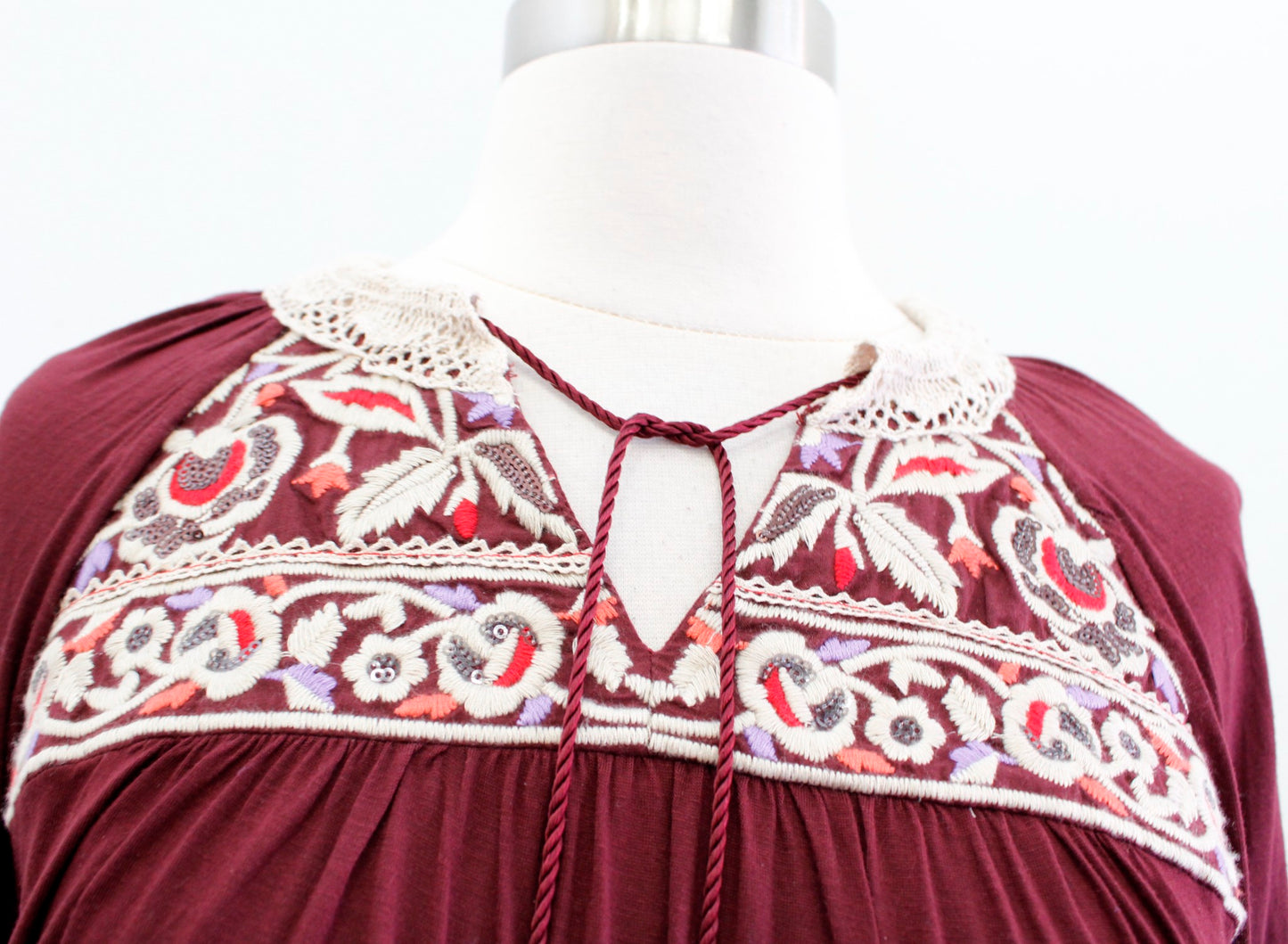 One September Anthropologie Nightingale Burgundy Embroidered Blouse Top Size XS Long Sleeve