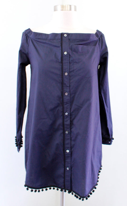 Derek Lam 10 Crosby Navy Blue Off the Shoulder Pompom Trim Tunic Top Blouse Sz 6 Long sleeve