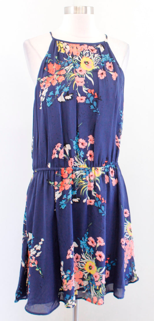 NWT Joie Makana Navy Blue Floral Silk Halter Dress Size L Sleeveless Casual