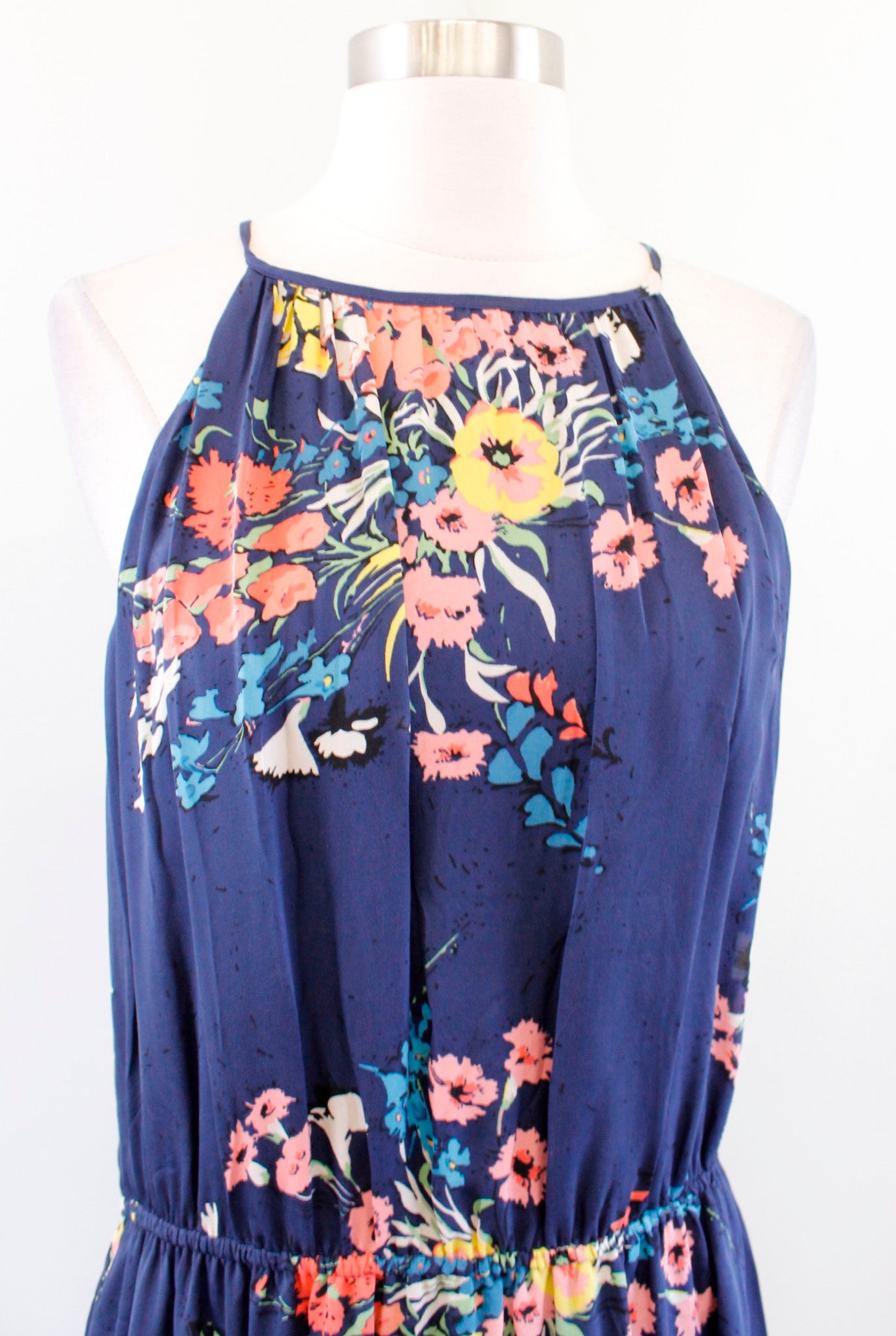NWT Joie Makana Navy Blue Floral Silk Halter Dress Size L Sleeveless Casual