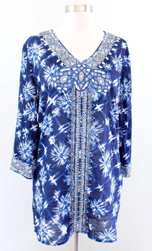 Chicos Blue White Tie Dye Printed Beaded Embellished Tunic Top Blouse Size 1