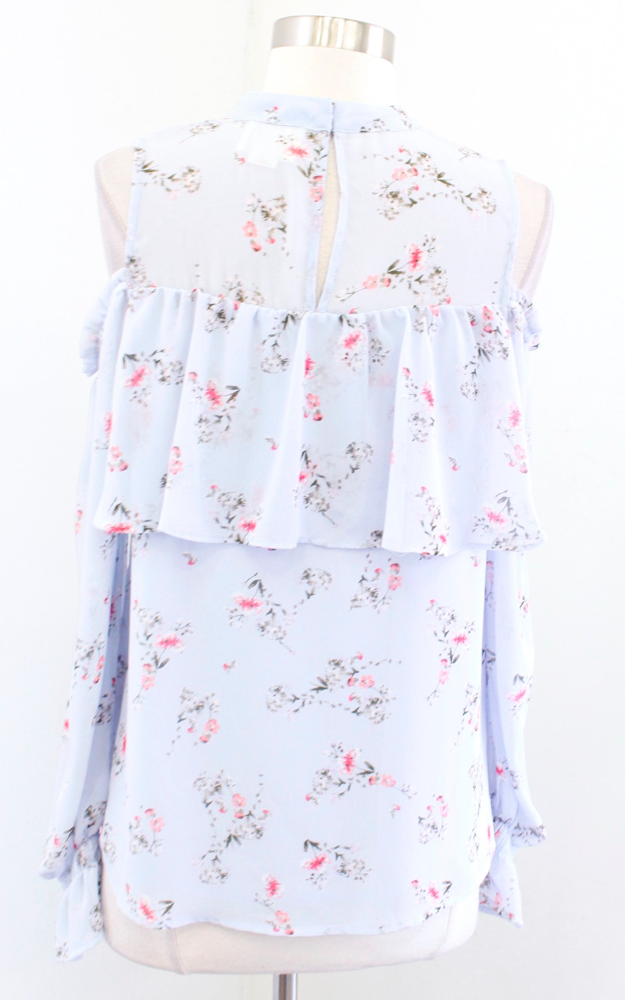 Maeve Anthropologie Light Blue Floral Print Ruffle Cold Shoulder Top Blouse Sz S Long Sleeve