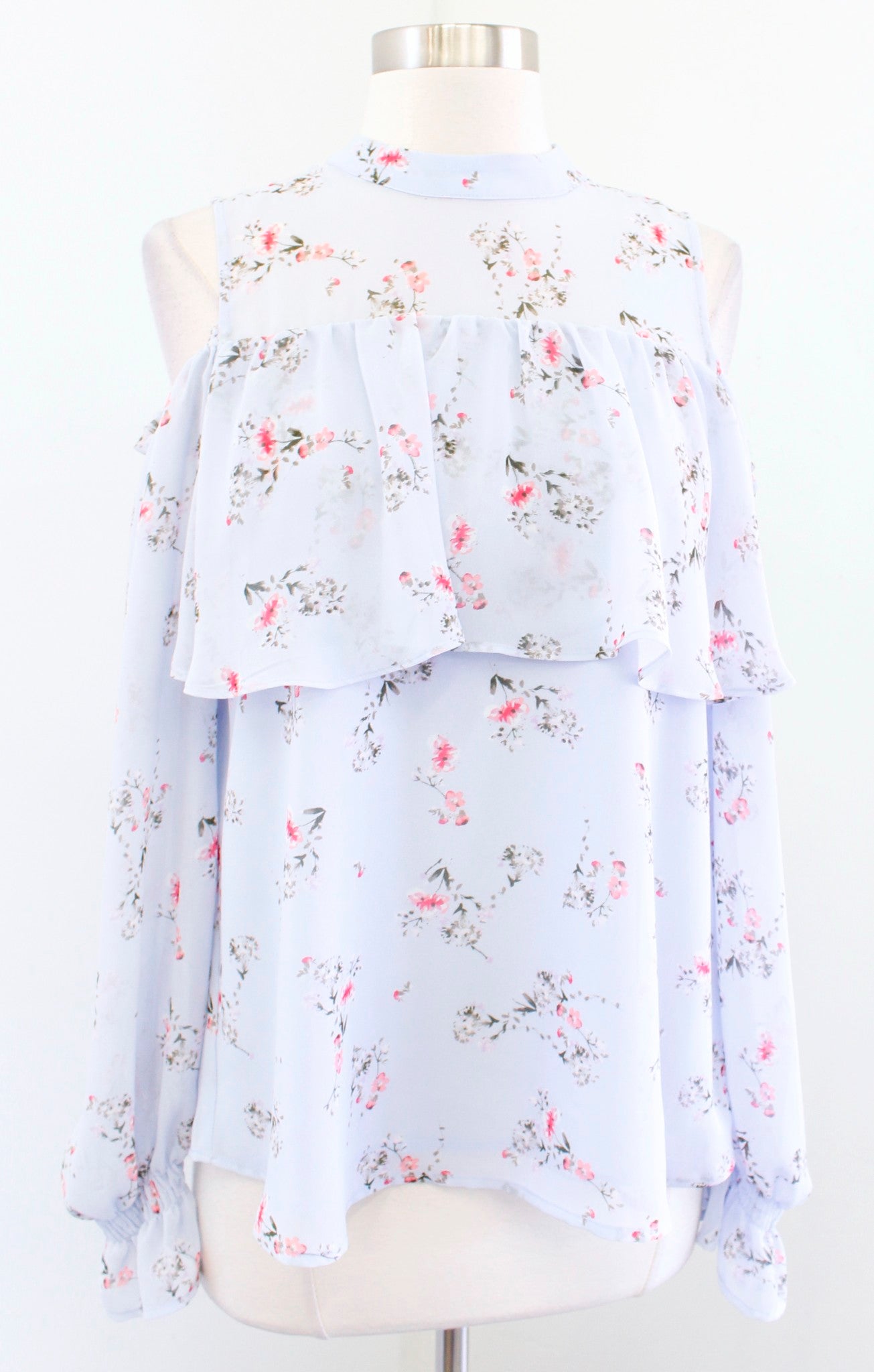 Maeve Anthropologie Light Blue Floral Print Ruffle Cold Shoulder Top Blouse Sz S Long Sleeve