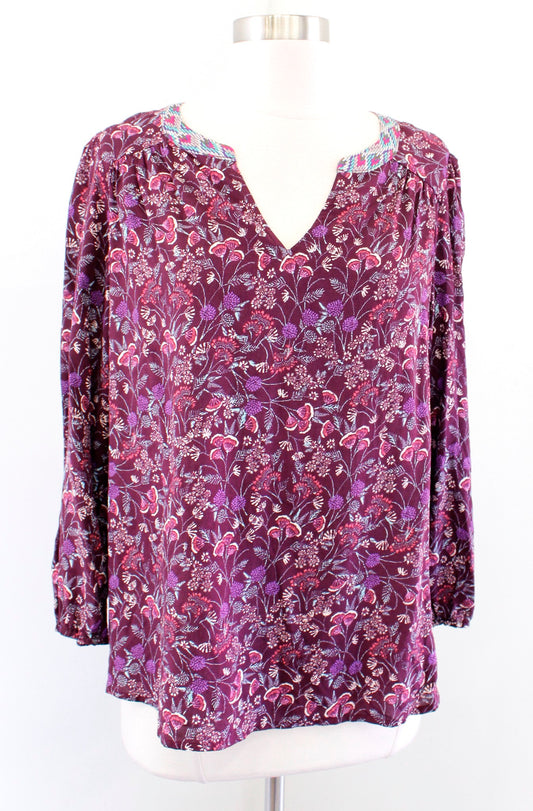 One September Anthropologie Caia Floral Pleated Top Blouse Size XS Burgundy