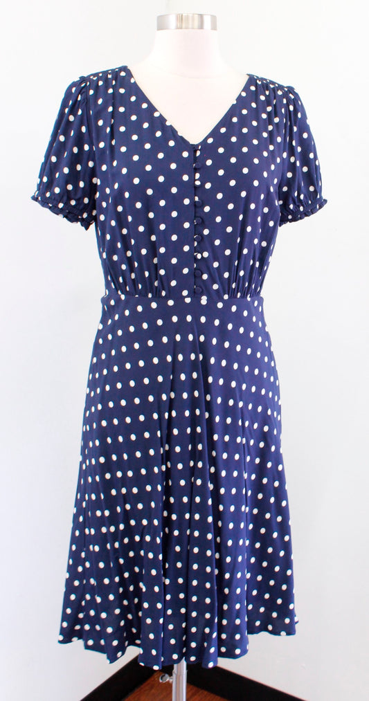 NWT J Crew Navy Blue White Polka Dot Short Sleeve Dress Sz 4 Flared A Line Retro