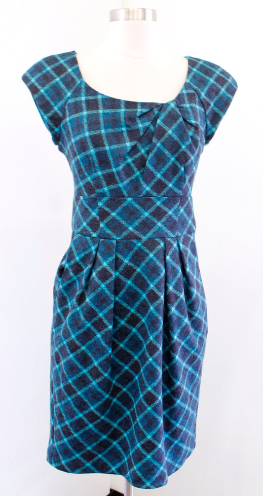 Nanette Lepore Teal Blue Black Plaid Printed Wool Gathered Sheath Dress Size 4