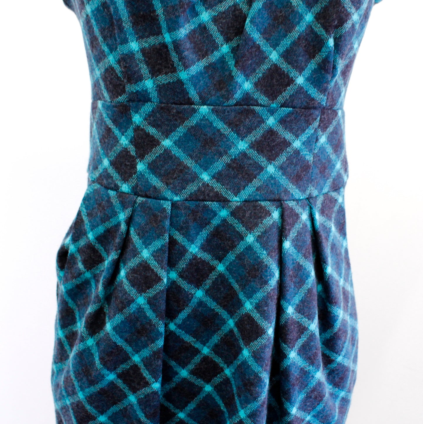 Nanette Lepore Teal Blue Black Plaid Printed Wool Gathered Sheath Dress Size 4