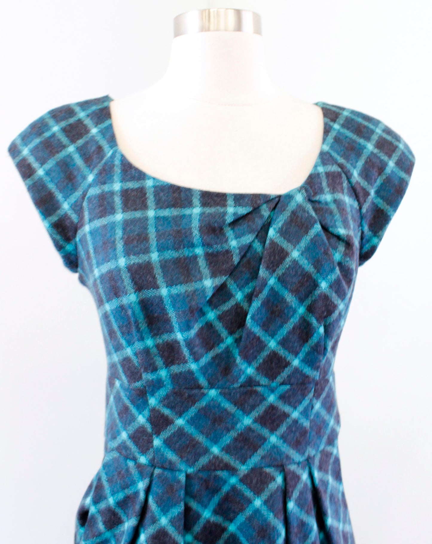 Nanette Lepore Teal Blue Black Plaid Printed Wool Gathered Sheath Dress Size 4