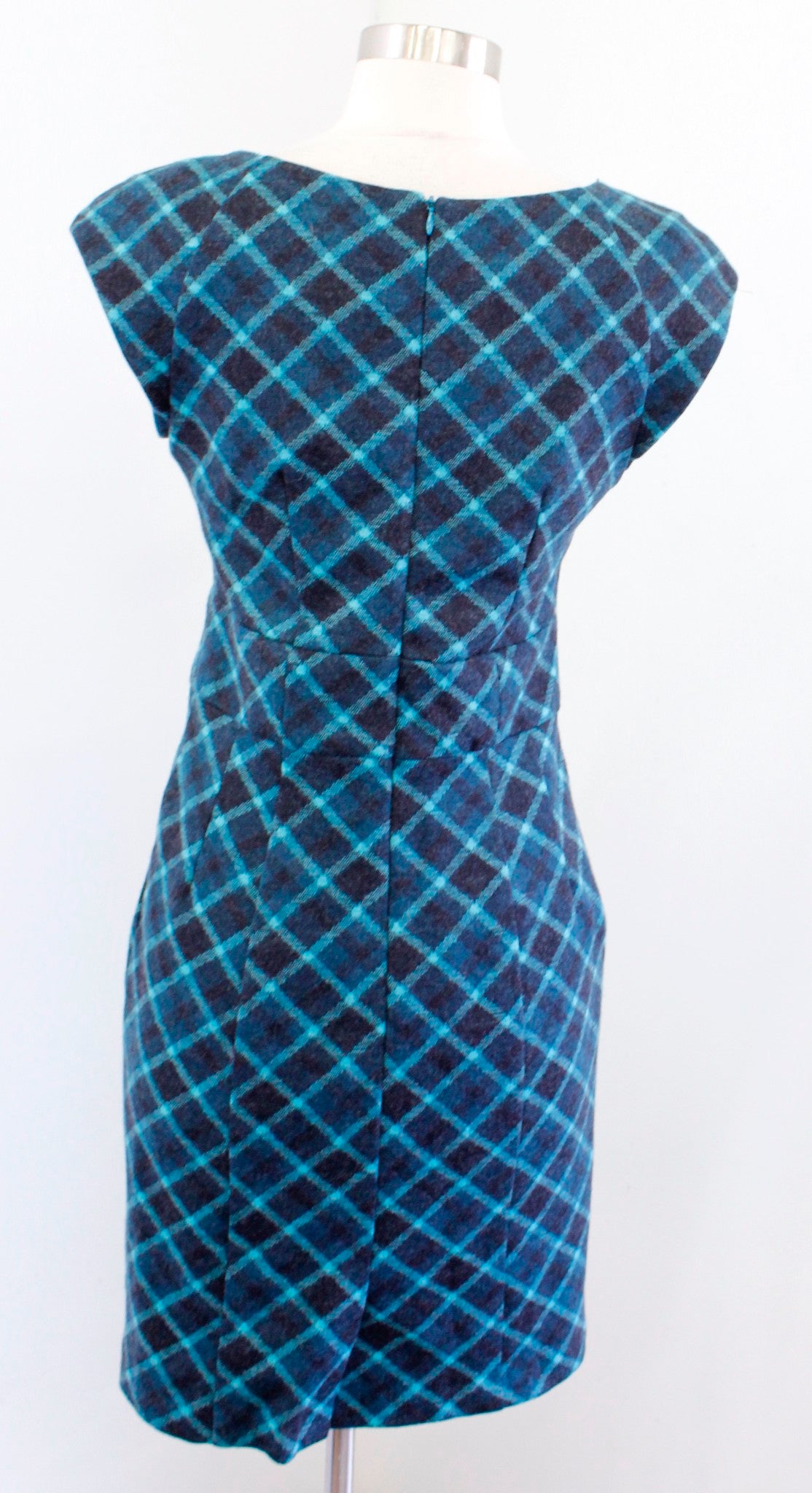 Nanette Lepore Teal Blue Black Plaid Printed Wool Gathered Sheath Dress Size 4