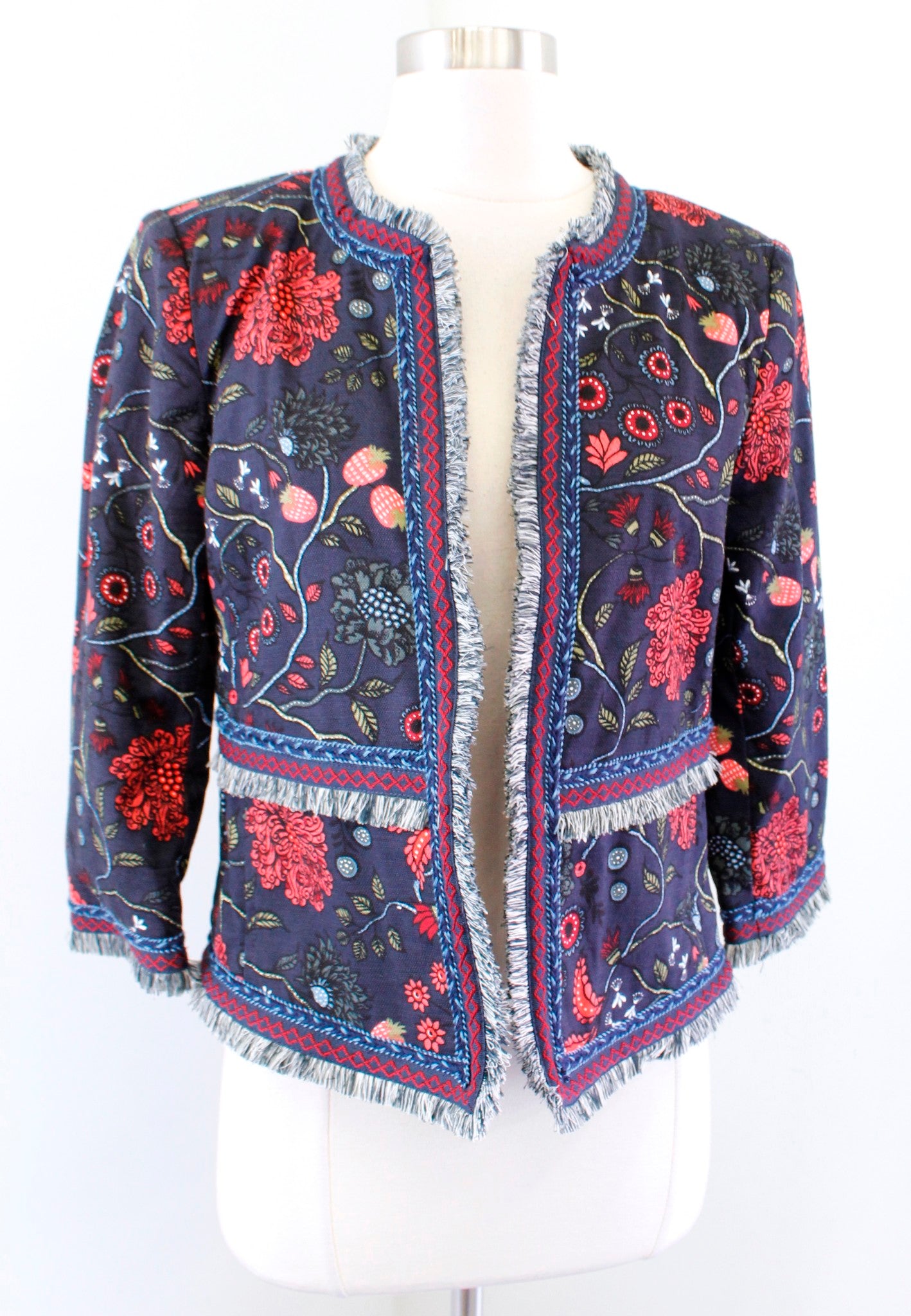 Ann Taylor Loft Navy Blue Strawberry Floral Print Fringe Open Blazer Jacket Sz 2