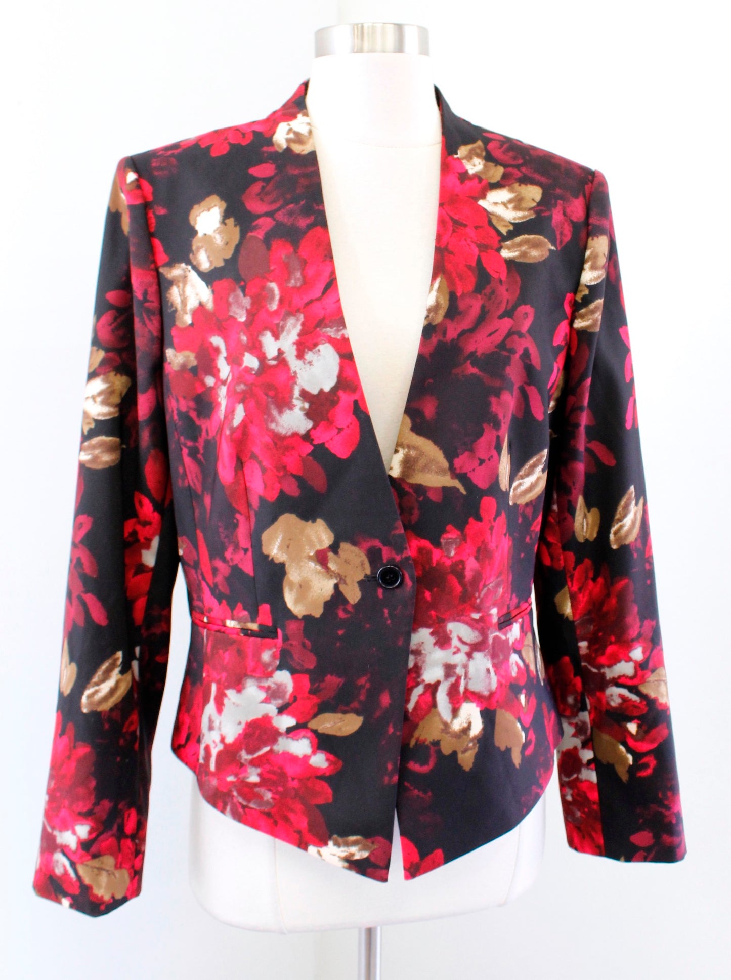 Tahari ASL Levine Black Red Floral Print Single Button Blazer Suit Jacket Sz 12