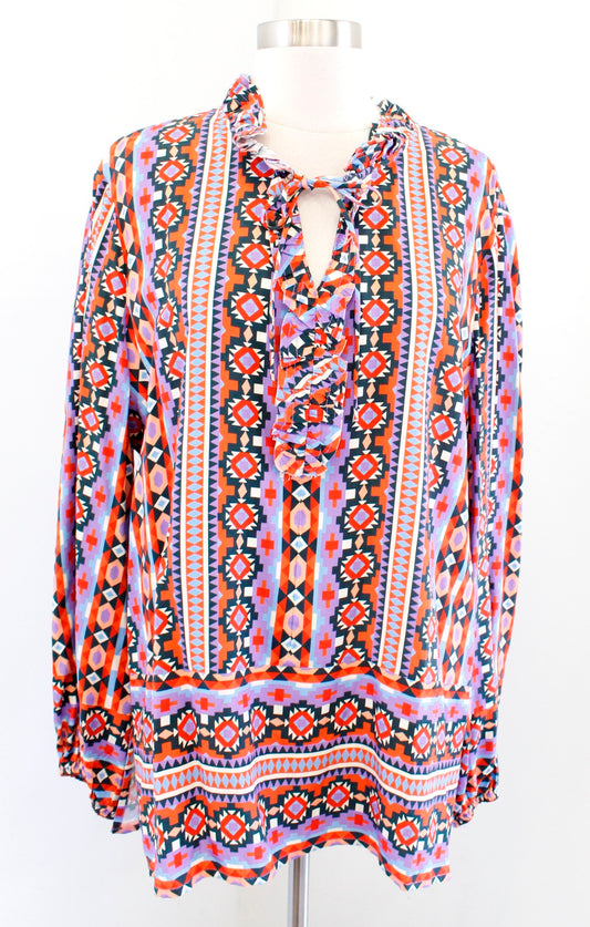 Tyler Boe Festival Print Tie Neck Ruffle Tunic Top Blouse Size XL Geometric Boho