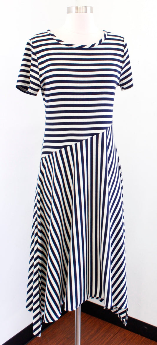 Soft Surroundings Marina Navy Blue Ribbed Striped Asymmetrical Hem Dress Size S