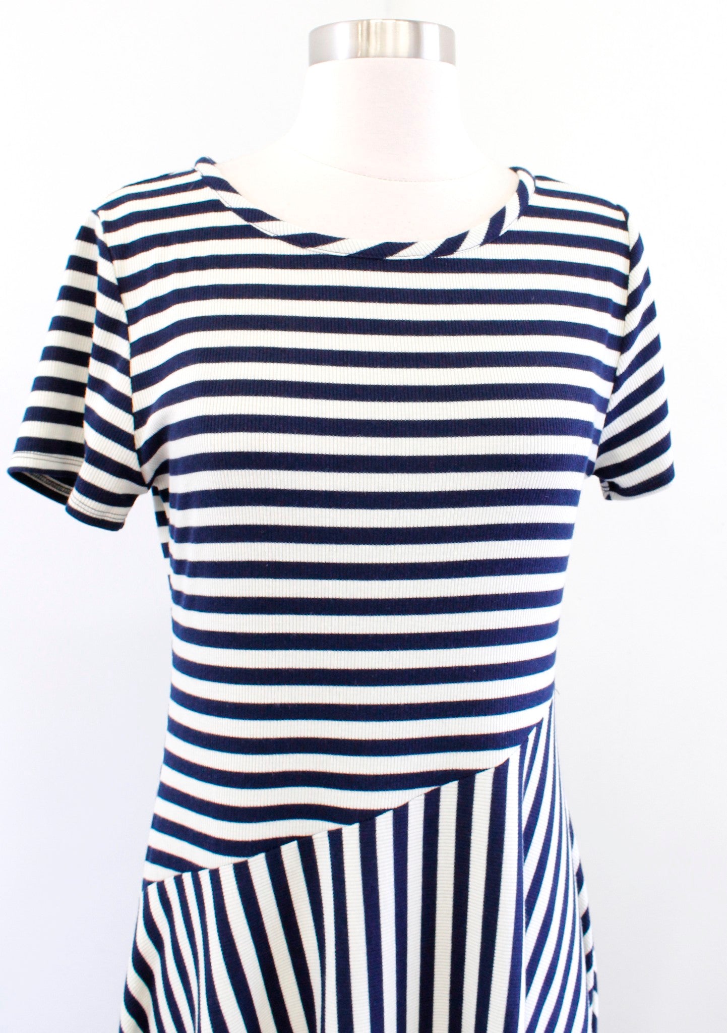 Soft Surroundings Marina Navy Blue Ribbed Striped Asymmetrical Hem Dress Size S