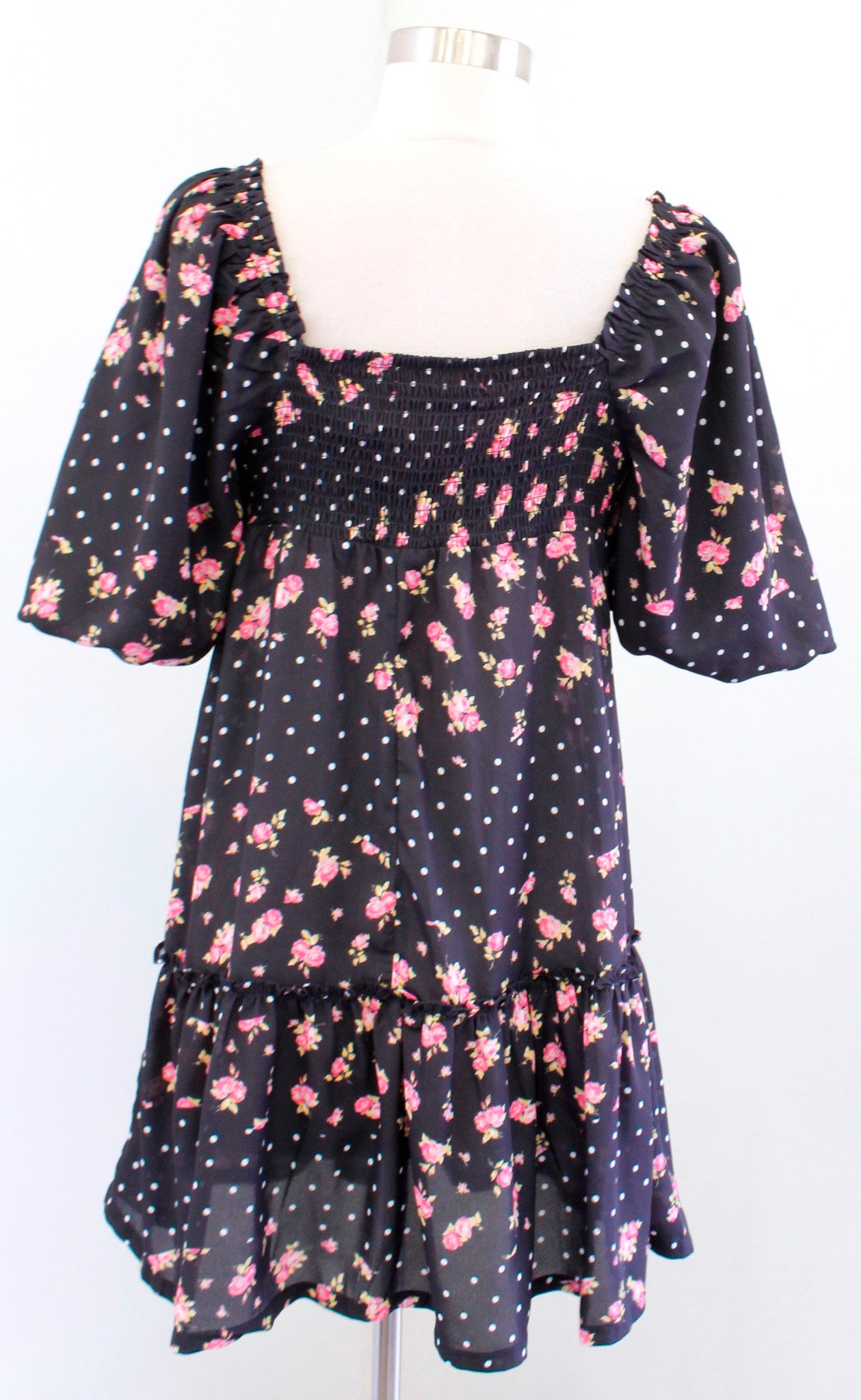 NWT Betsey Johnson Rosy Dots Floral Polka Dot Puff Sleeve Mini Dress Black Sz S