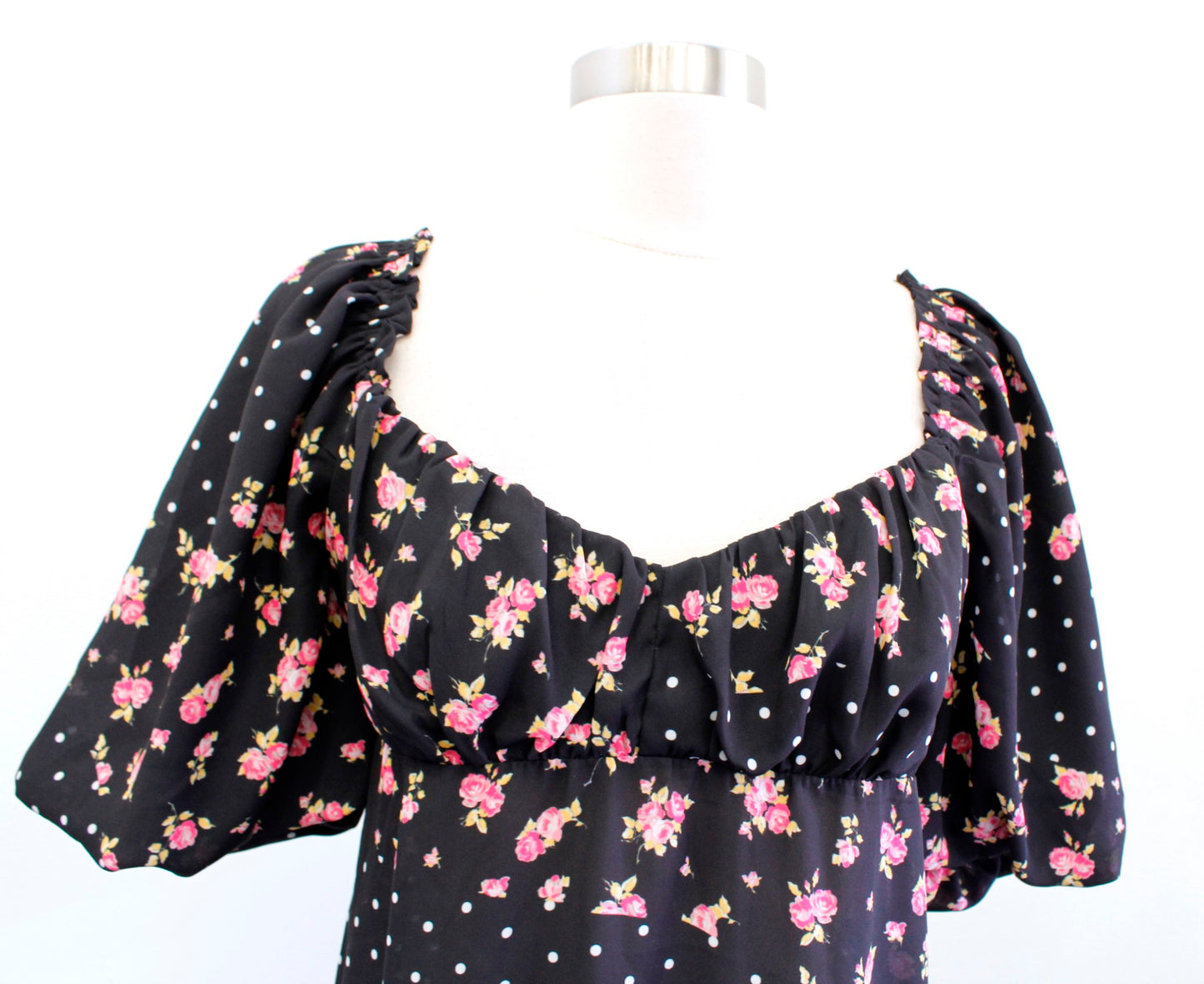 NWT Betsey Johnson Rosy Dots Floral Polka Dot Puff Sleeve Mini Dress Black Sz S