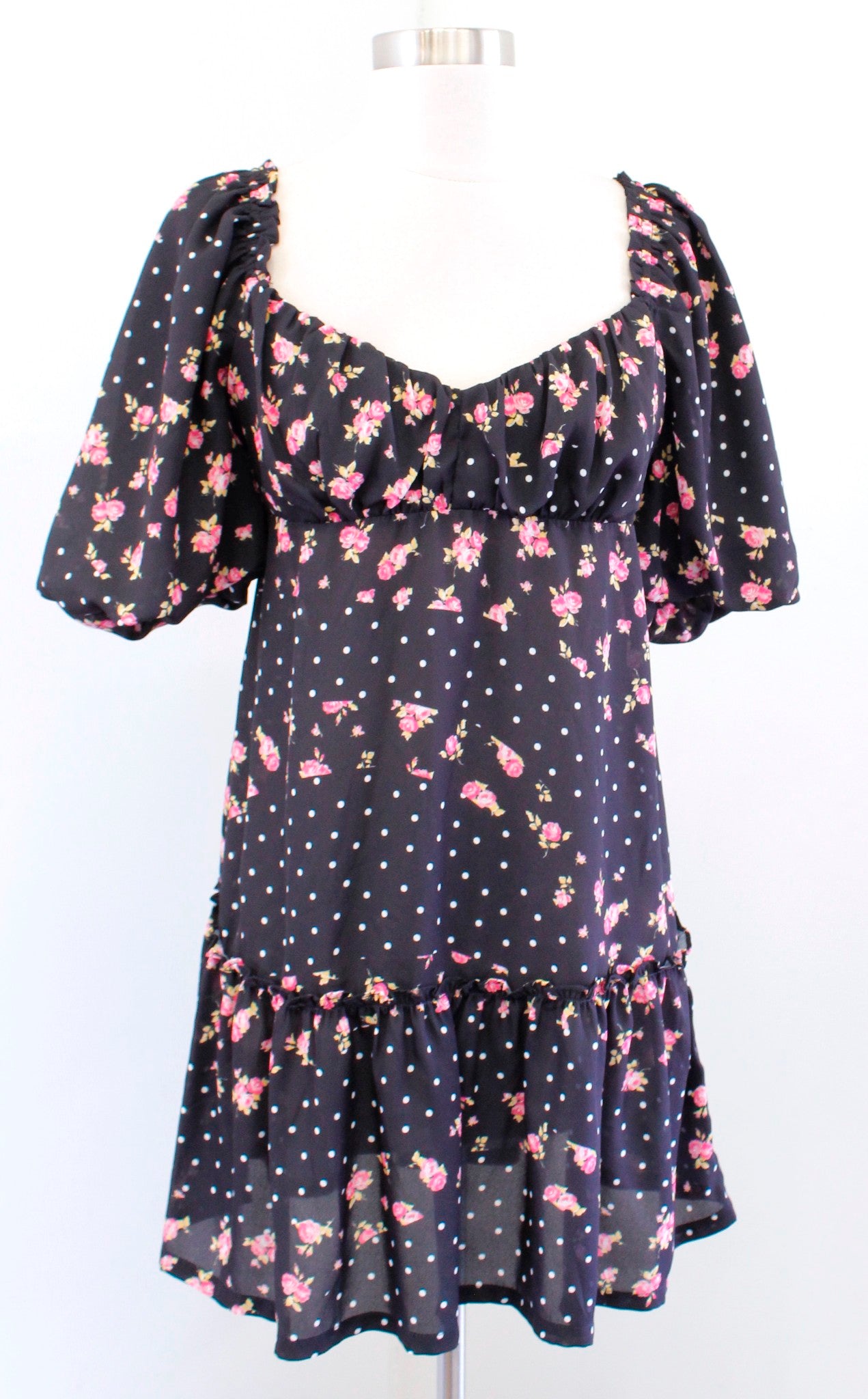 NWT Betsey Johnson Rosy Dots Floral Polka Dot Puff Sleeve Mini Dress Black Sz S