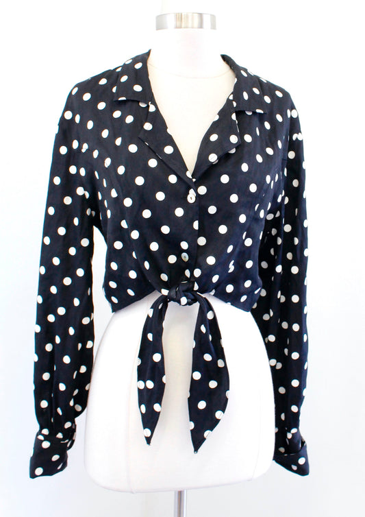 Vtg 90s Cache Black White Polka Dot Tie Front Cropped Retro Top Blouse Size M