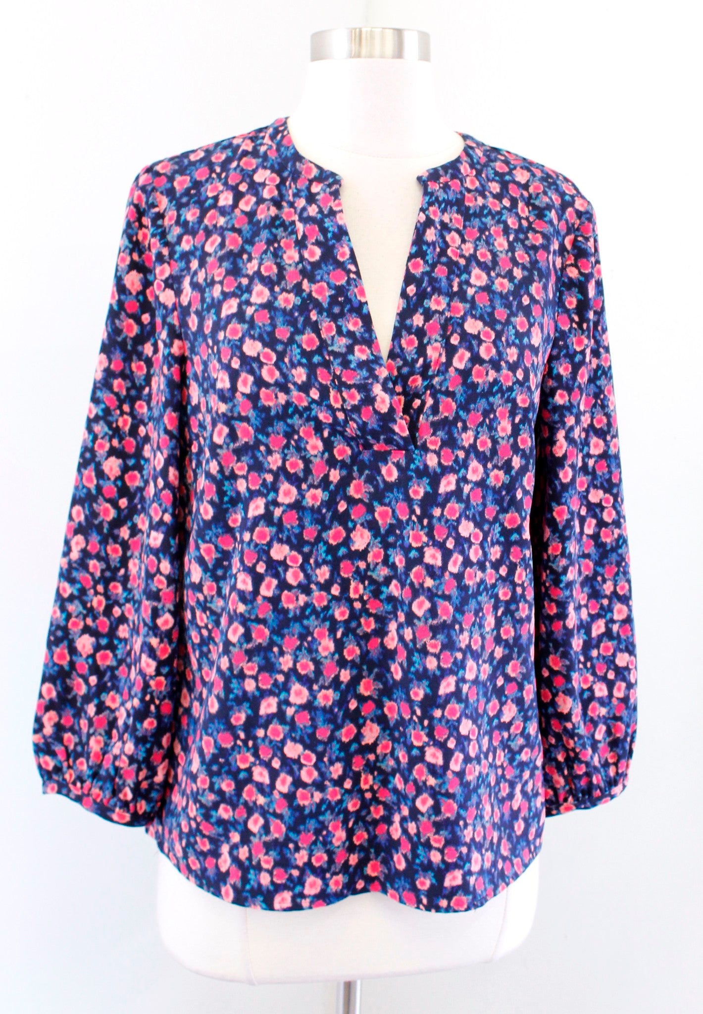J Crew Open V Neck Crepe Top in Dotted Floral Size S Blue Pink Printed Blouse