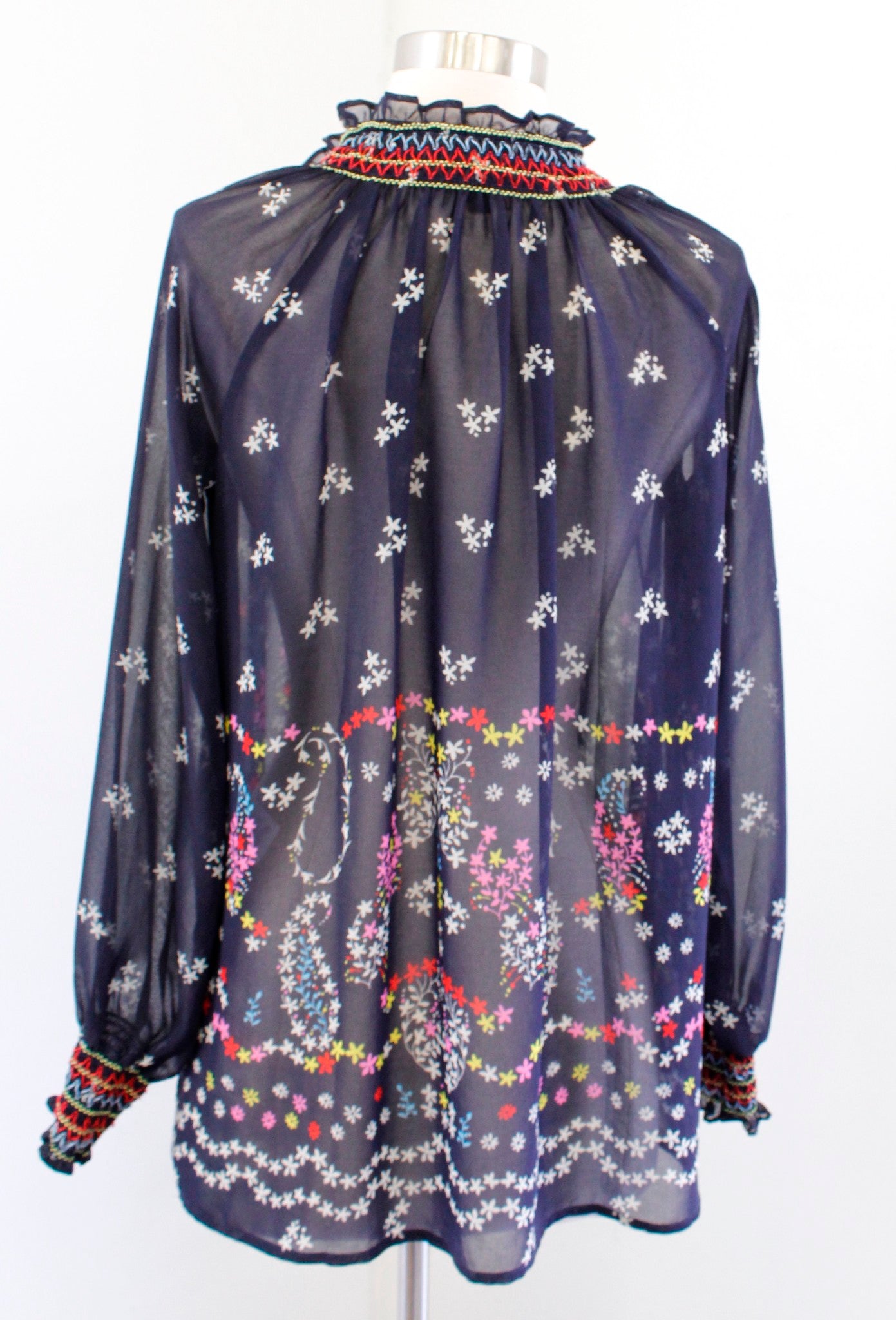 CAbi Enjoy Top Navy Blue Sheer Floral Embroidered Smocked Tie Neck Top Size XS