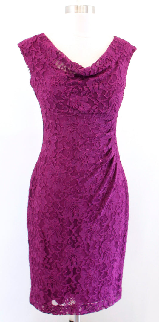 Lauren Ralph Lauren Purple Draped Neck Ruched Wiggle Sheath Dress Cocktail Sz 2