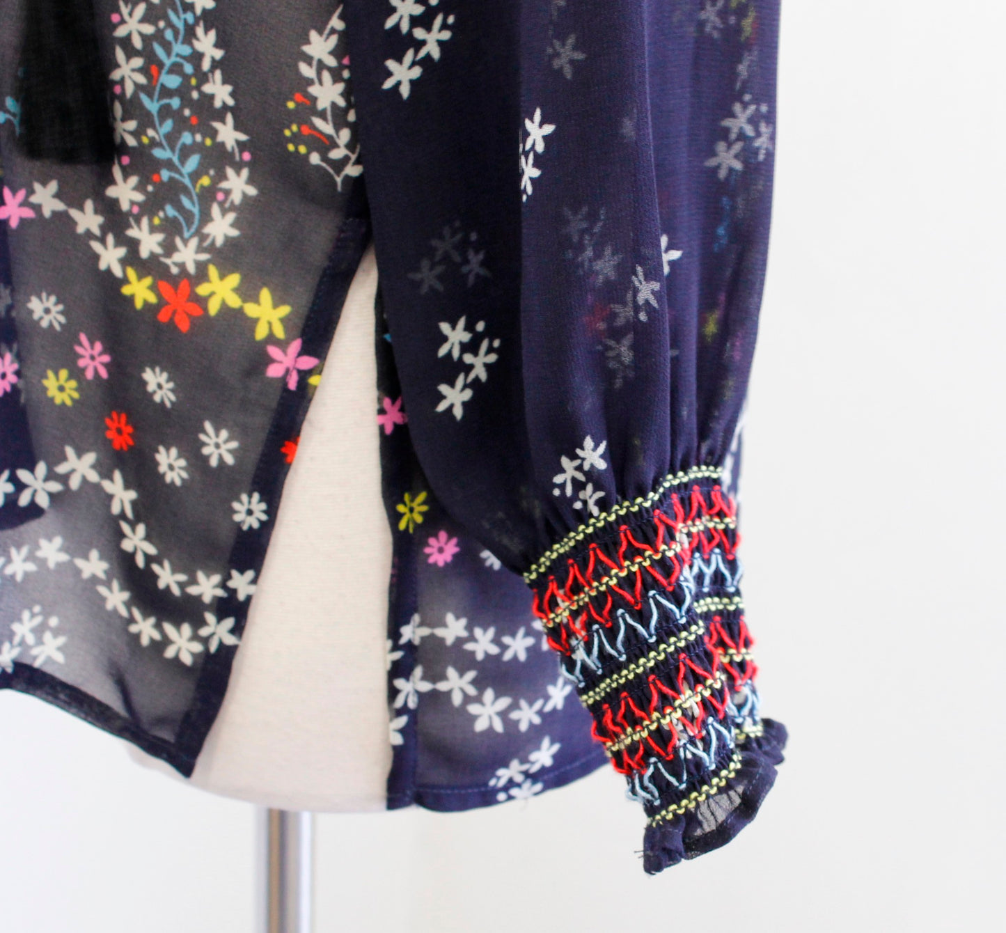 CAbi Enjoy Top Navy Blue Sheer Floral Embroidered Smocked Tie Neck Top Size XS