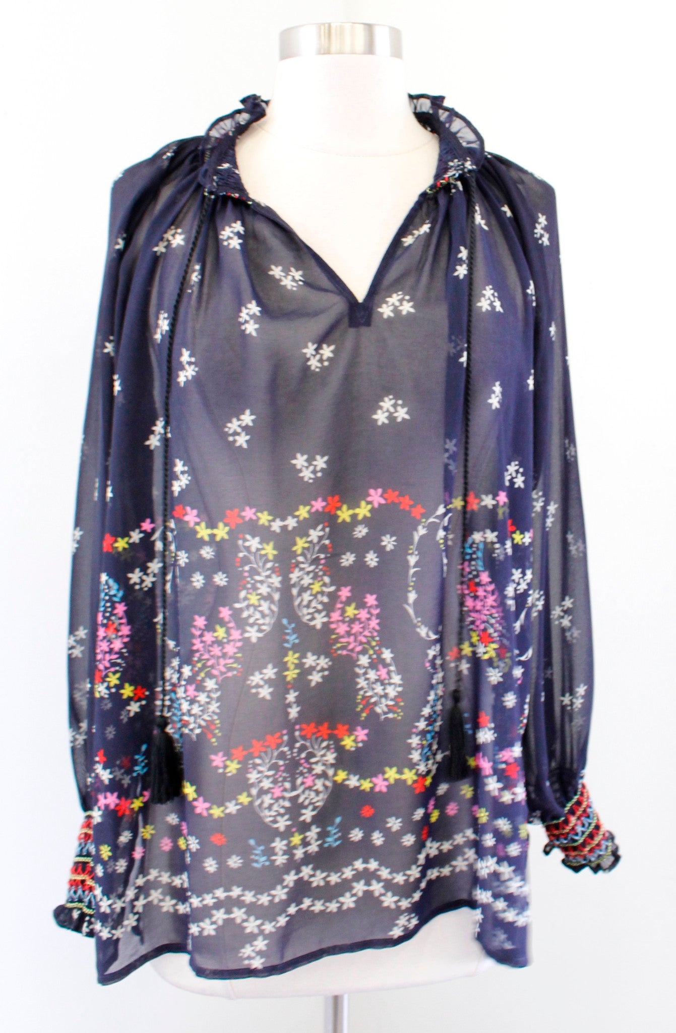 CAbi Enjoy Top Navy Blue Sheer Floral Embroidered Smocked Tie Neck Top Size XS