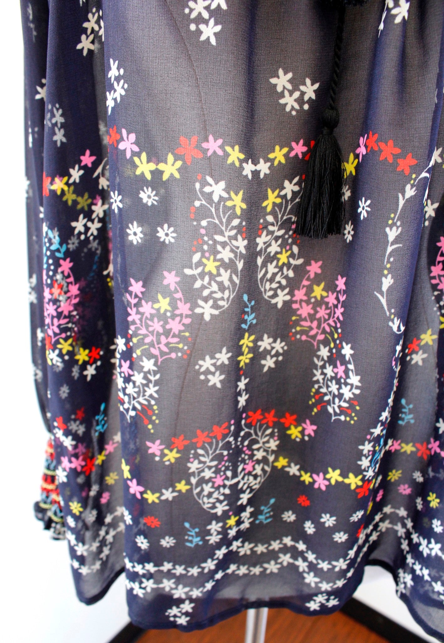 CAbi Enjoy Top Navy Blue Sheer Floral Embroidered Smocked Tie Neck Top Size XS