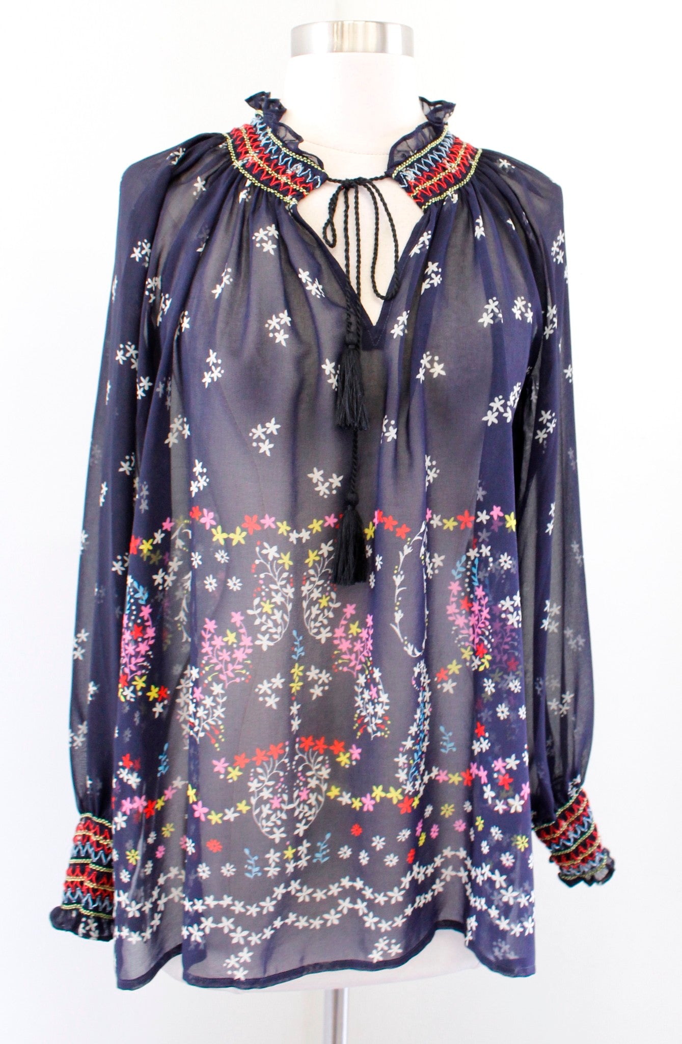 CAbi Enjoy Top Navy Blue Sheer Floral Embroidered Smocked Tie Neck Top Size XS