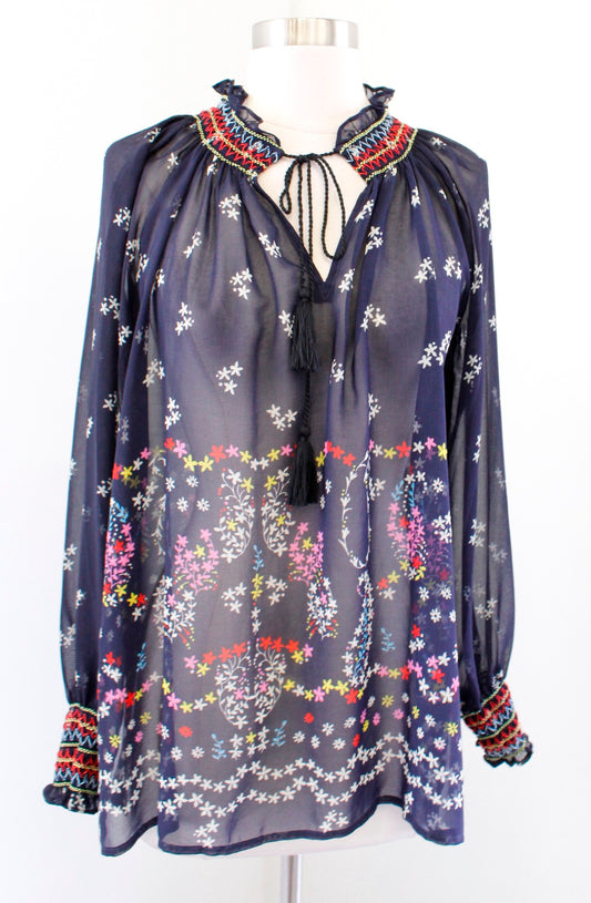 CAbi Enjoy Top Navy Blue Sheer Floral Embroidered Smocked Tie Neck Top Size XS