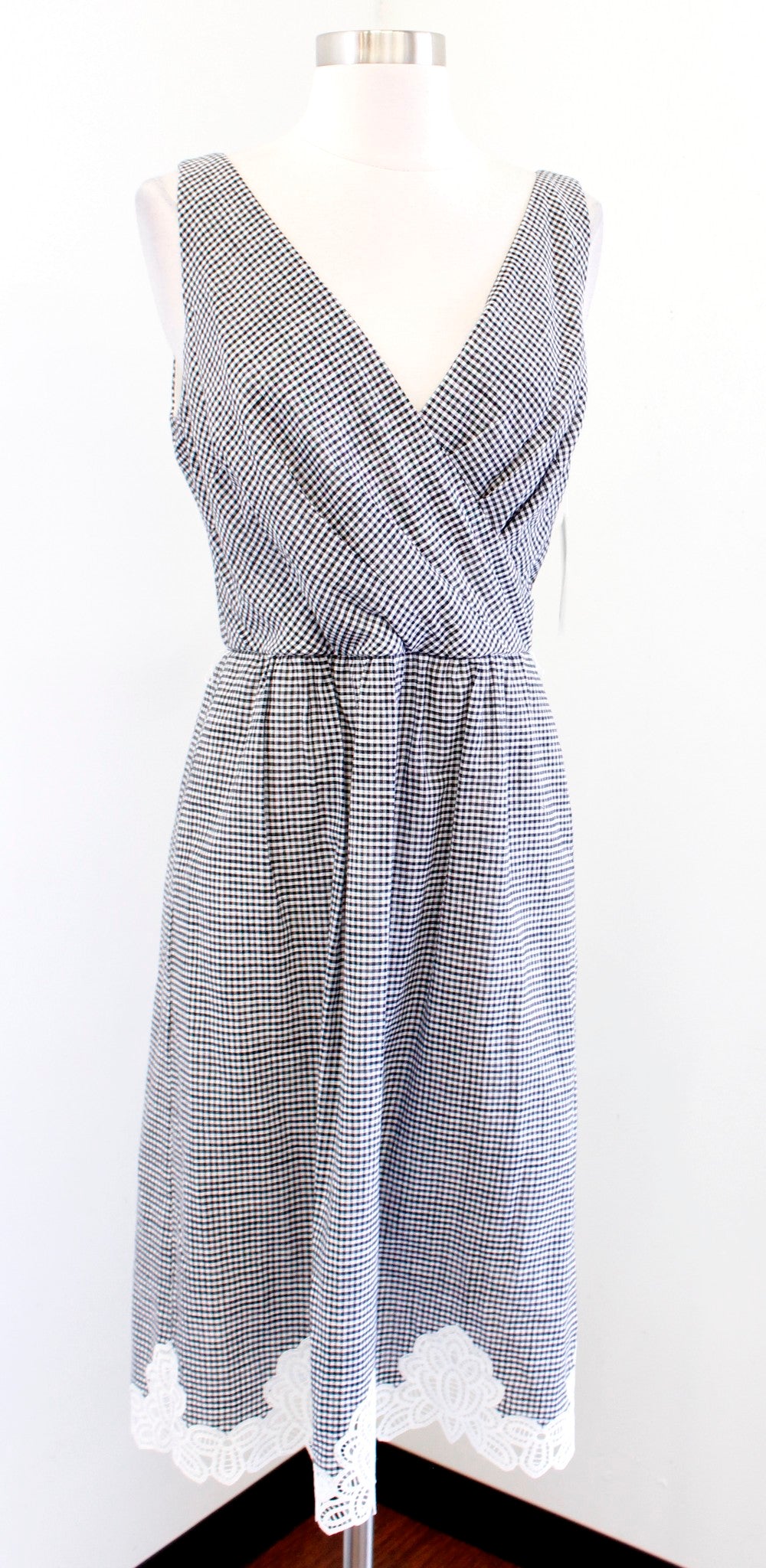 NWT Lauren Ralph Lauren Black White Gingham Plaid Lace Hem Dress Size 6 V Neck