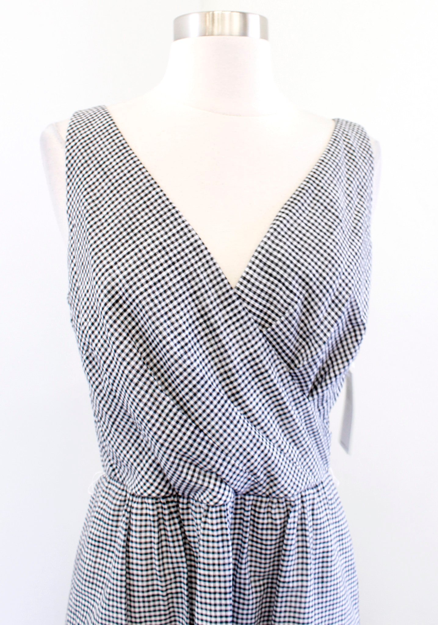 NWT Lauren Ralph Lauren Black White Gingham Plaid Lace Hem Dress Size 6 V Neck