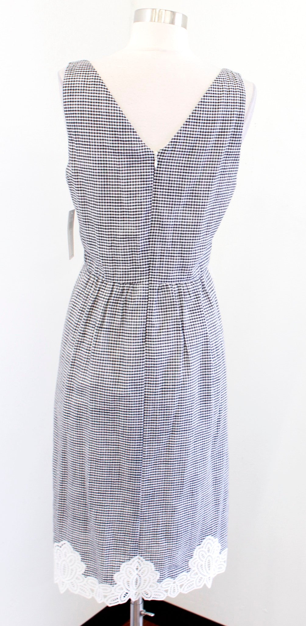 NWT Lauren Ralph Lauren Black White Gingham Plaid Lace Hem Dress Size 6 V Neck