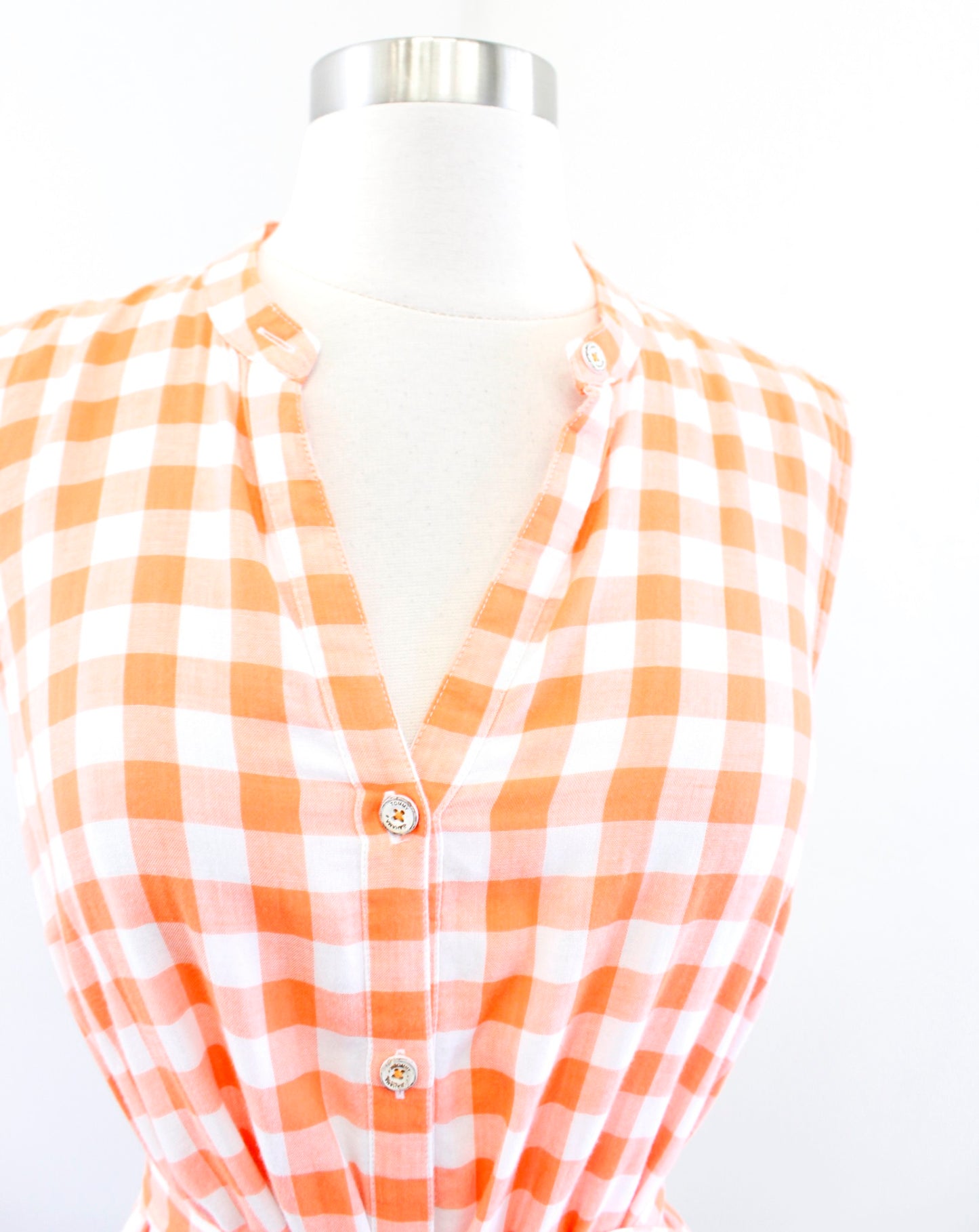 Tommy Bahama Orange White Gingham Plaid Tie Waist Shift Dress Sz S Button Front
