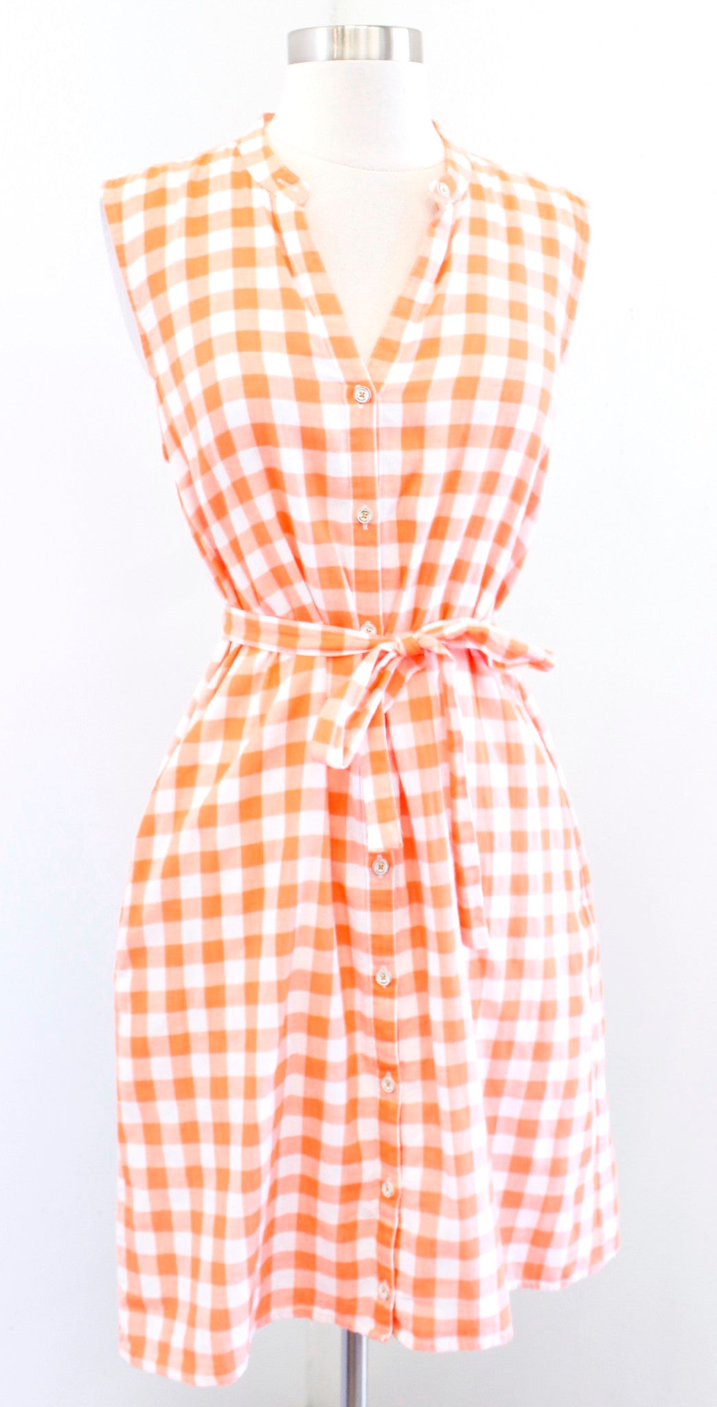 Tommy Bahama Orange White Gingham Plaid Tie Waist Shift Dress Sz S Button Front