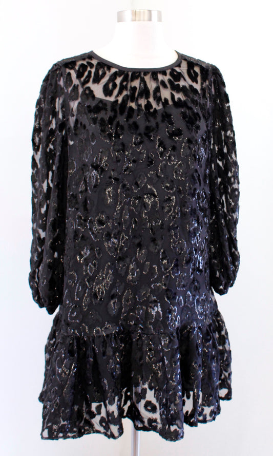J Crew Black Metallic Leopard Burnout Velvet Shift Dress Flounce Hem Size 10P
