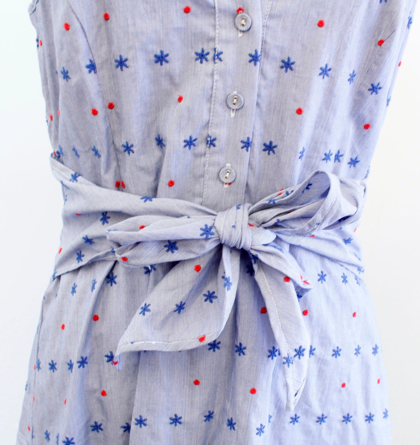 NWT $238 Parker Blue Embroidered Tie Waist A Line Dress Size L Star Sleeveless